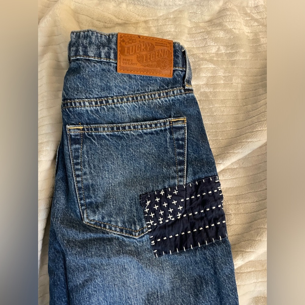 💗COOLEST VINTAGE LUCKY BRAND JEANS RELAXED STRAIGHT BOY MID RISE JEANS PATCHES